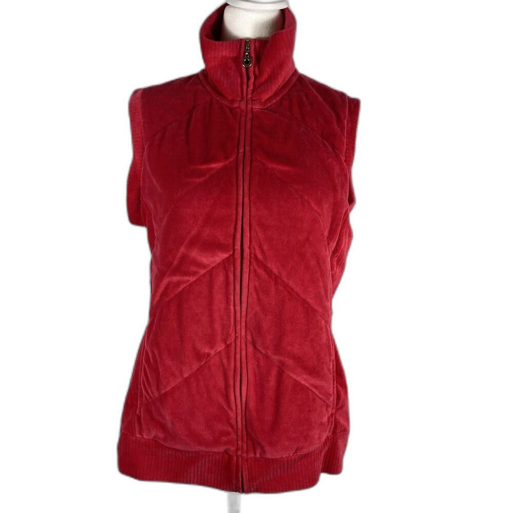 Denim & Co Womens Red Velour Vest S Sleeveless Zip Athleisure Sporty Cozy